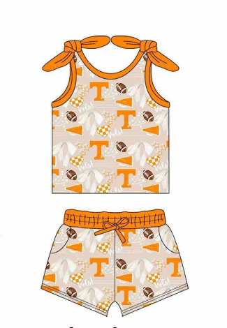 Deadline: May 20 Custom no moq baby girls sets Orange short-sleeved shorts girls sets