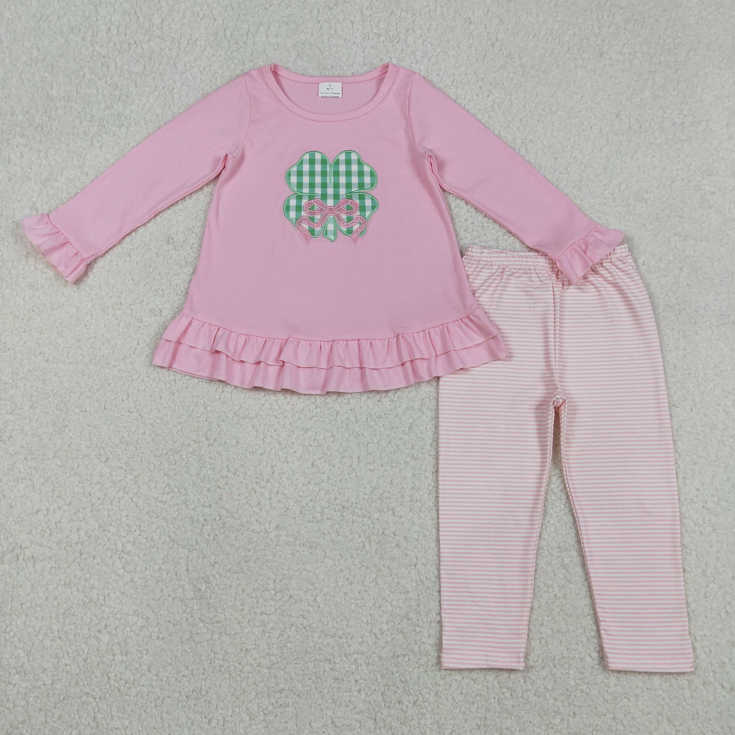 RTS NO MOQ（In Stock) Embroidered Four-Leaf Clover Bow Pattern Pink Lace Long-Sleeve Striped Pants Set