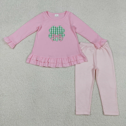 RTS NO MOQ（In Stock) Embroidered Four-Leaf Clover Bow Pattern Pink Lace Long-Sleeve Striped Pants Set