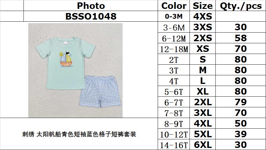 RTS NO MOQ ETA 5/7days Arrived BSSO1048 Embroidery sun sail cyan short sleeve blue plaid shorts set