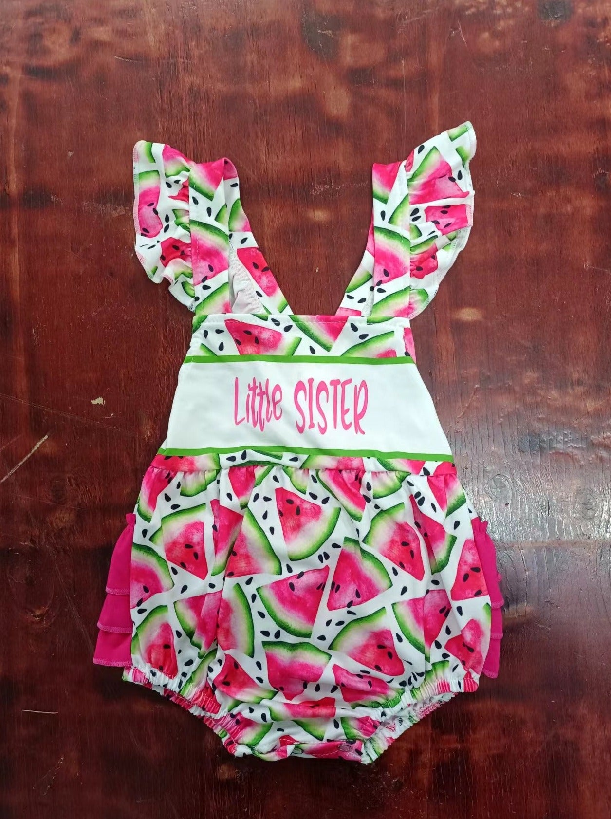 custom moq 5 eta 5weeks mix size baby girls clothes little sister watermelon flying sleeve romper