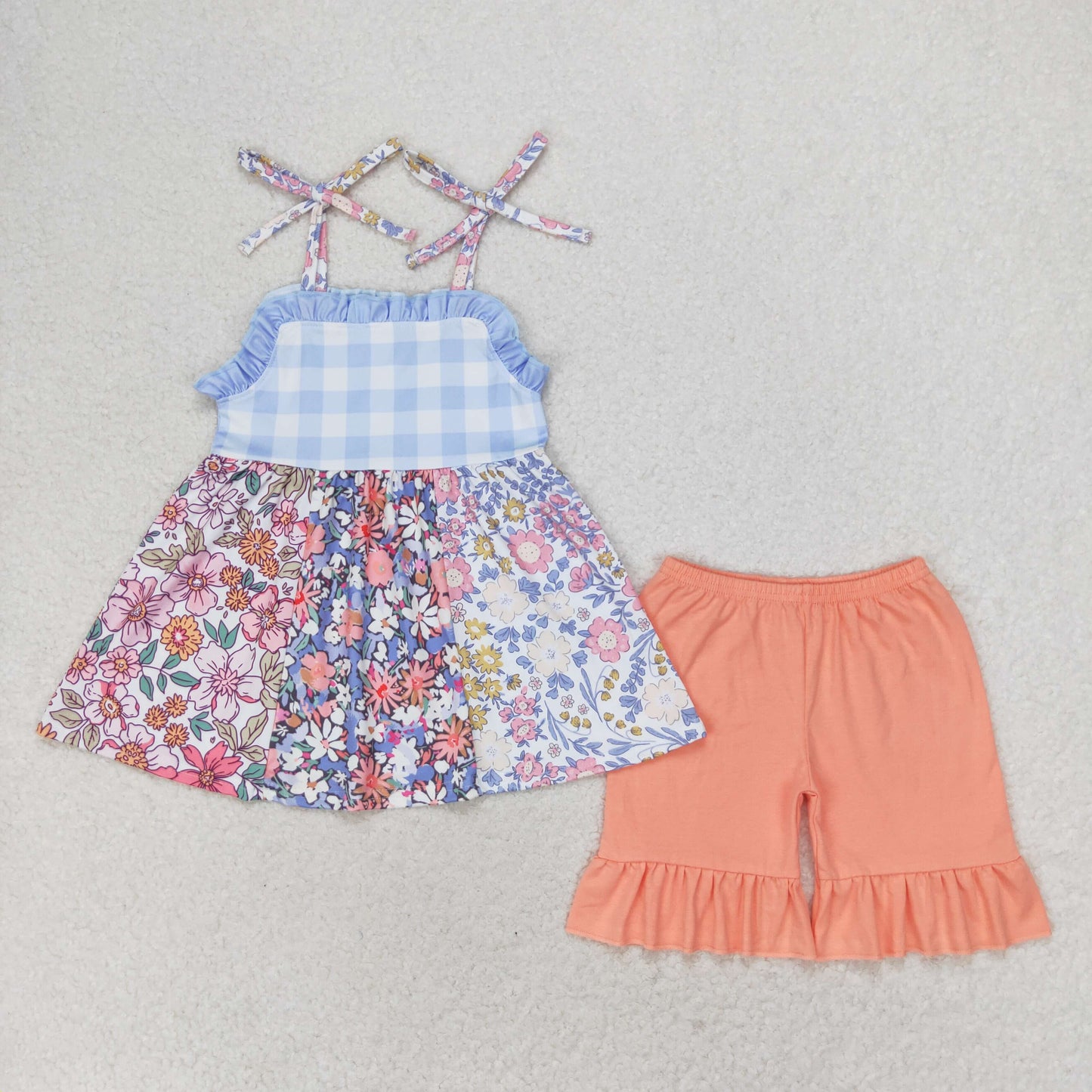 RTS no moq GSSO0990 Flower plaid lace suspenders orange shorts set