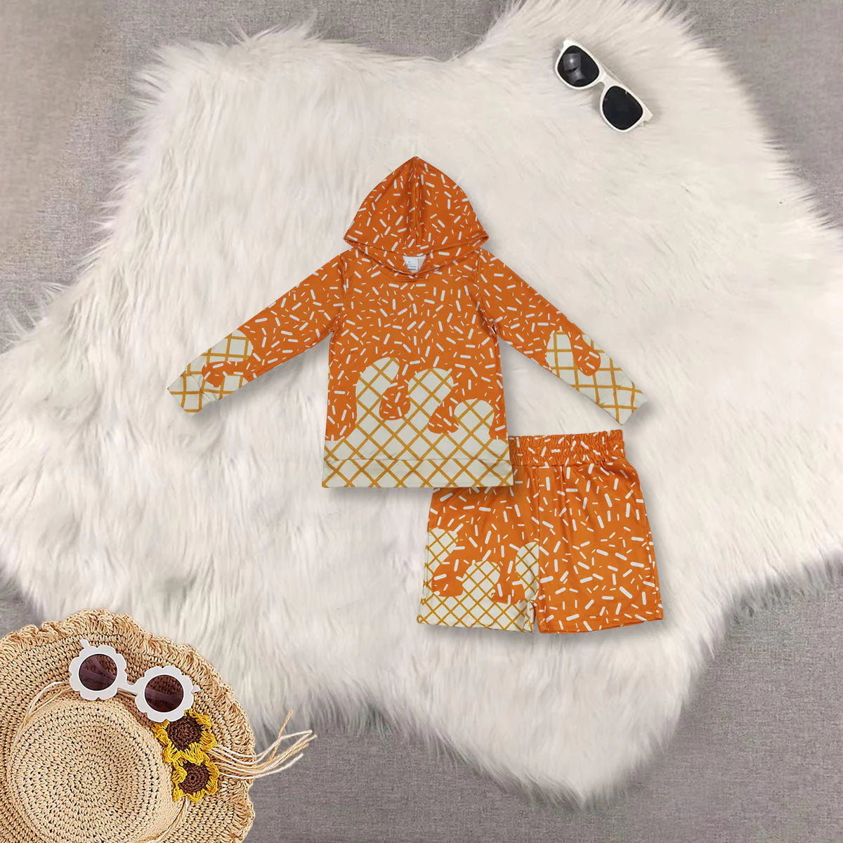 RTS NO MOQ Baby Boys Orange Drip Sprinkles Long Sleeves Hoodie And Shorts Set Team Matching Outfit Baby Clothing Set for Boys