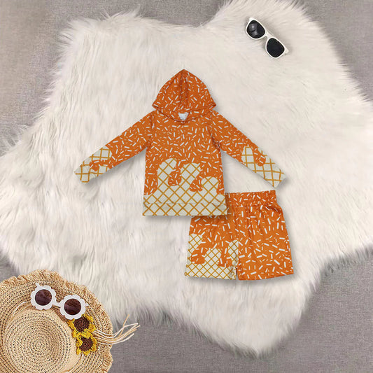 RTS NO MOQ Baby Boys Orange Drip Sprinkles Long Sleeves Hoodie And Shorts Set Team Matching Outfit Baby Clothing Set for Boys