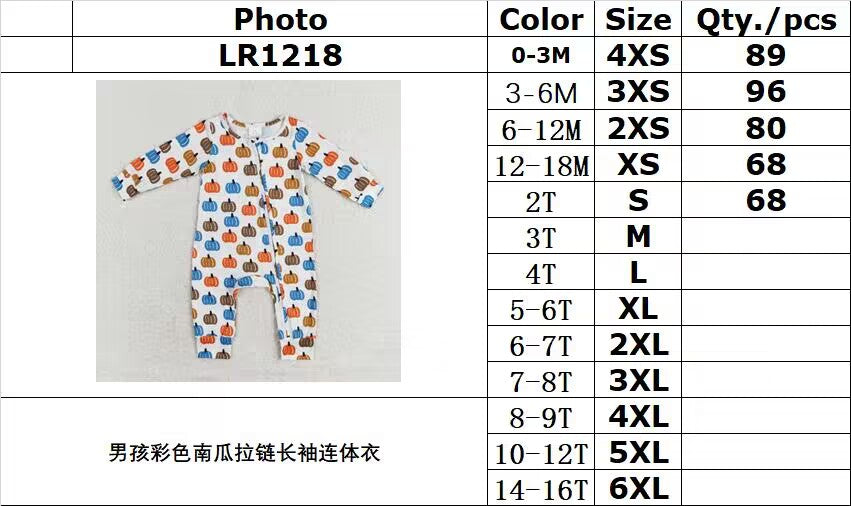 rts no moq LR1218 Boys colorful pumpkin zipper long sleeve onesie