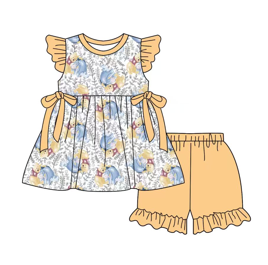 Custom moq 5 mix size milk silk baby girl clothes cartoon short sleeve shorts sets 2