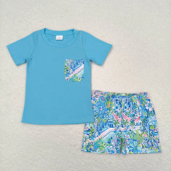 RTS Baby Girls Blue Flowers Sibling Rompers Clothes Sets