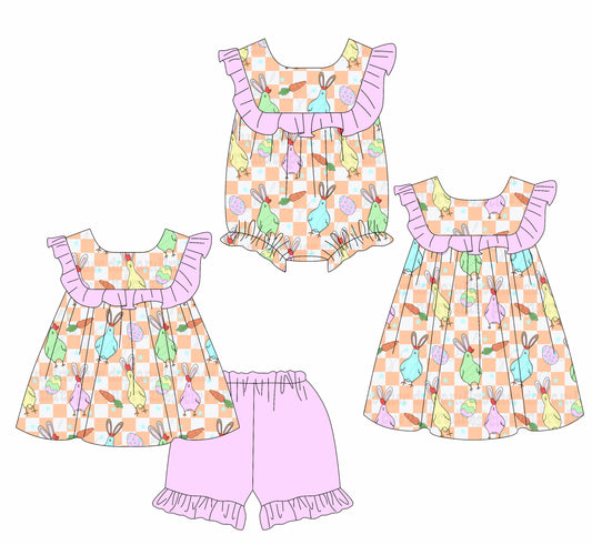26.1.8 custom each style moq 5 eta 6-8week Sibling Sister easter baby short sleeve shorts sets and romper and dress match design