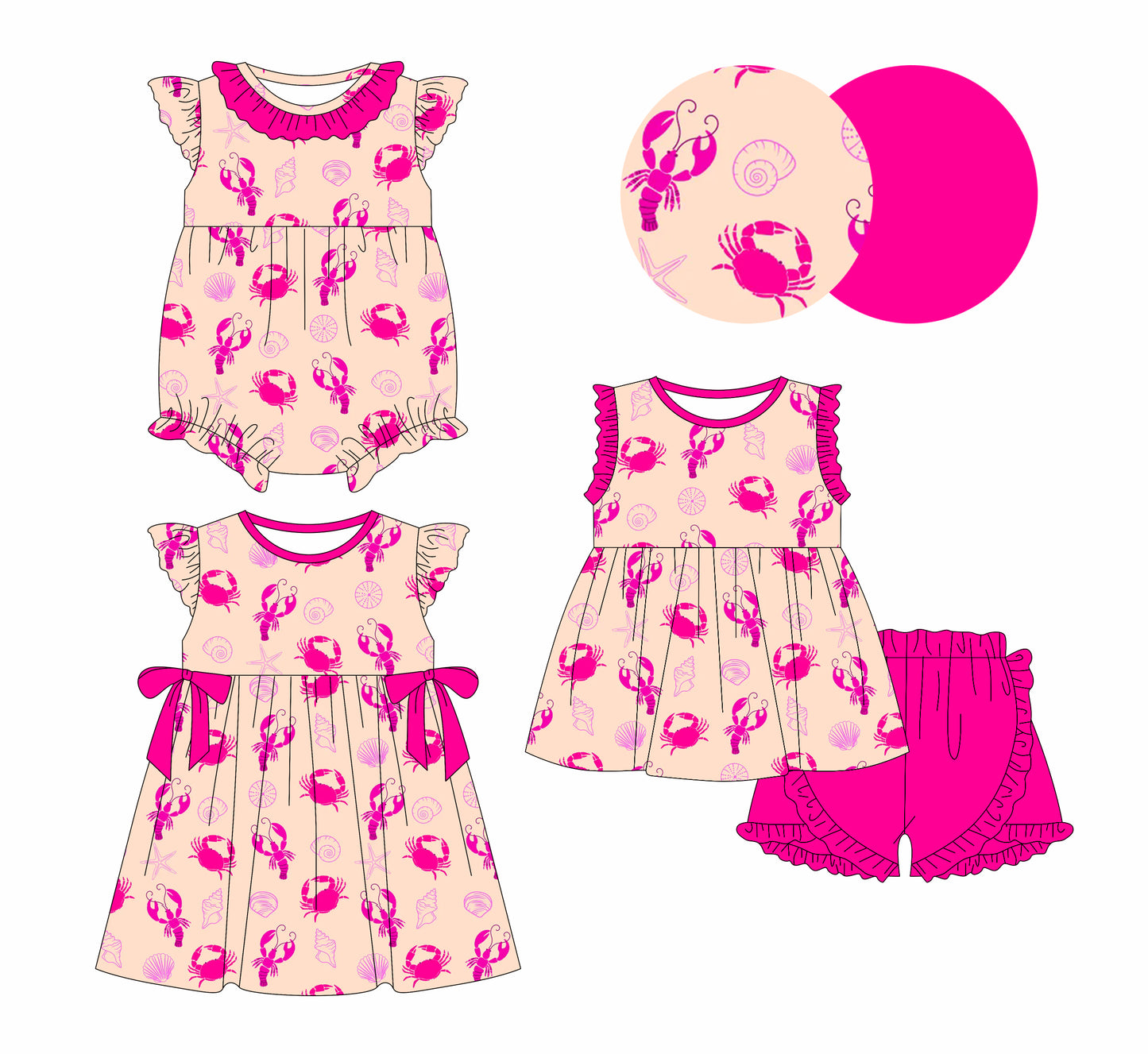 1.3 custom each style moq 5eta 4-6week Sibling Sister crab baby girl short sleeve shorts sets and dresses and romper match design