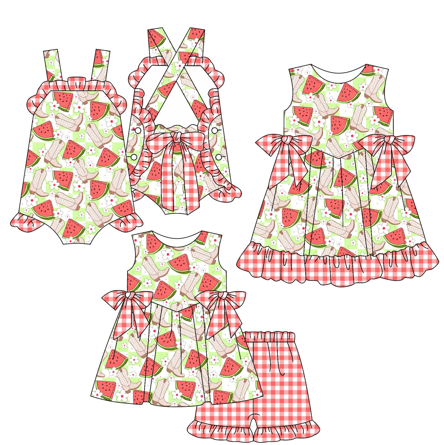 25.12.25 custom each style moq 5 eta 6-8week Sibling Sister watermelon boot baby short sleeve shorts sets and romper and dress match design