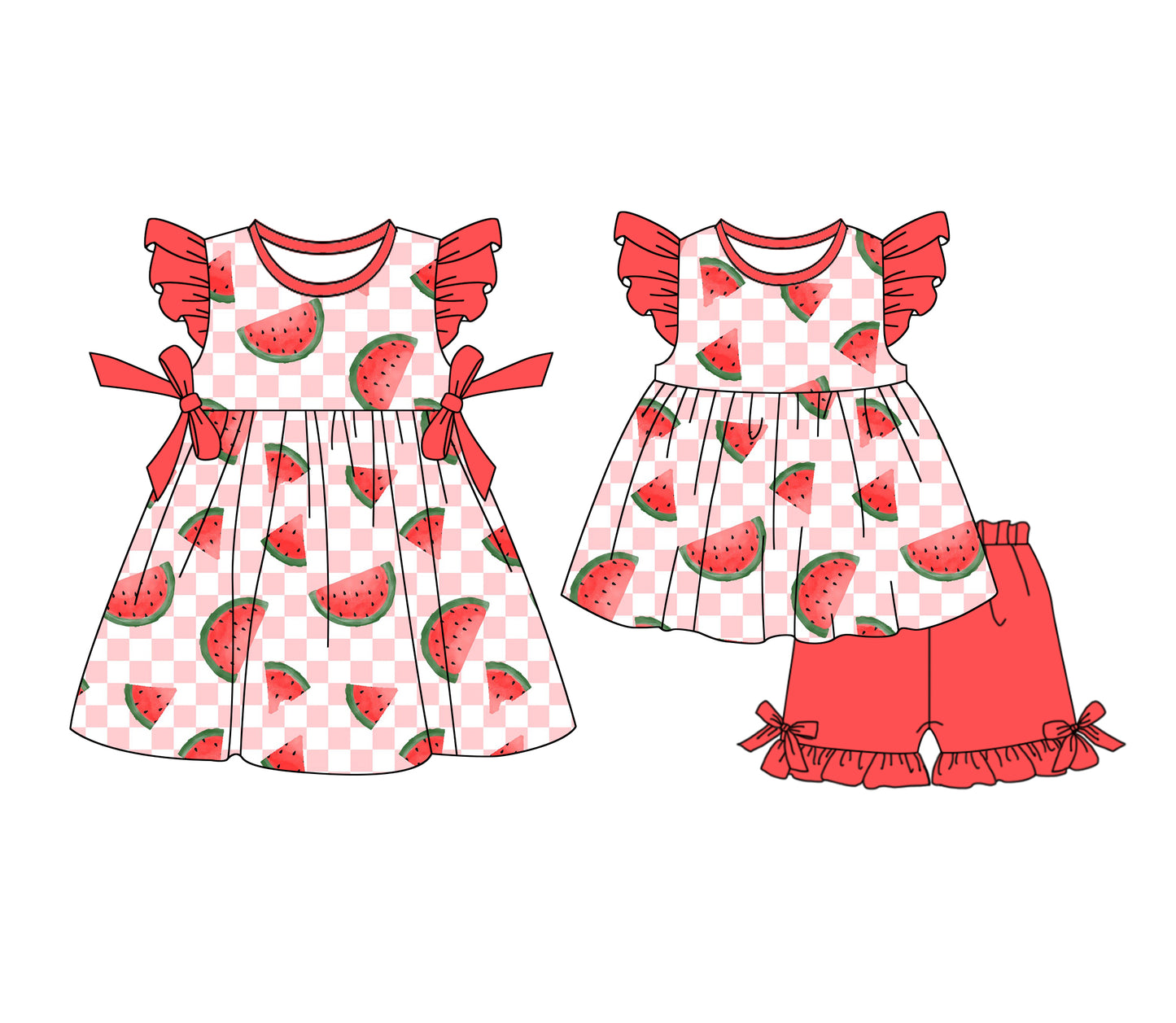 1.4 custom each style moq 5eta 4-6week Sibling Sister watermelon baby girl short sleeve shorts sets and dresses match design