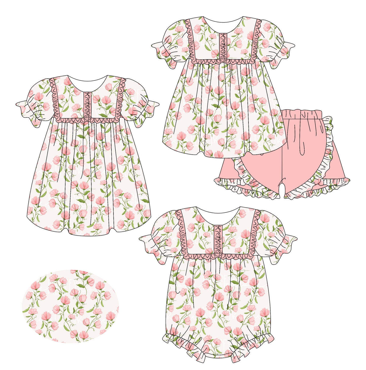 2.14 custom each style moq 5eta 4-6week Sibling Sisters floral baby girl short sleeve shorts sets and dress and rompers match family design