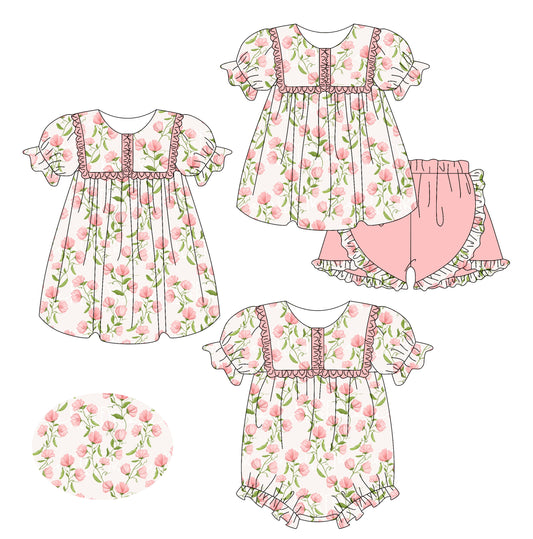 2.14 custom each style moq 5eta 4-6week Sibling Sisters floral baby girl short sleeve shorts sets and dress and rompers match family design