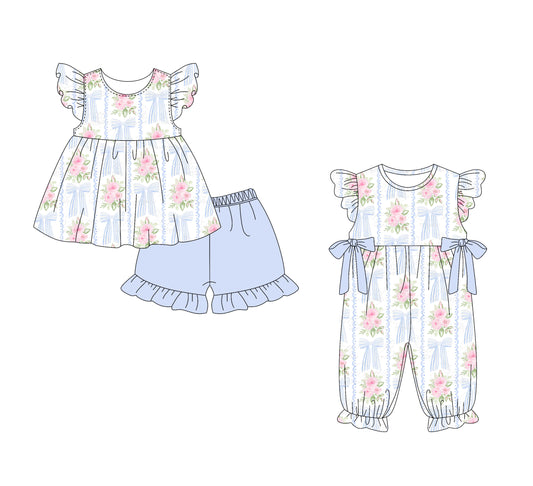 1.15 custom each style moq 5eta 4-6week Sibling Sister bow floral baby girl sets and boy romper match family design