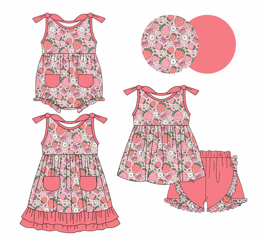 1.6 custom each style moq 5eta 4-6week Sibling Sister strawberry bow baby girl short sleeve shorts sets and dress and rompers match family design