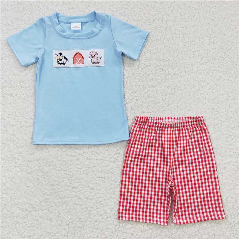 Baby Girls farm style cow prints blue and red Sibling Rompers Clothes Sets