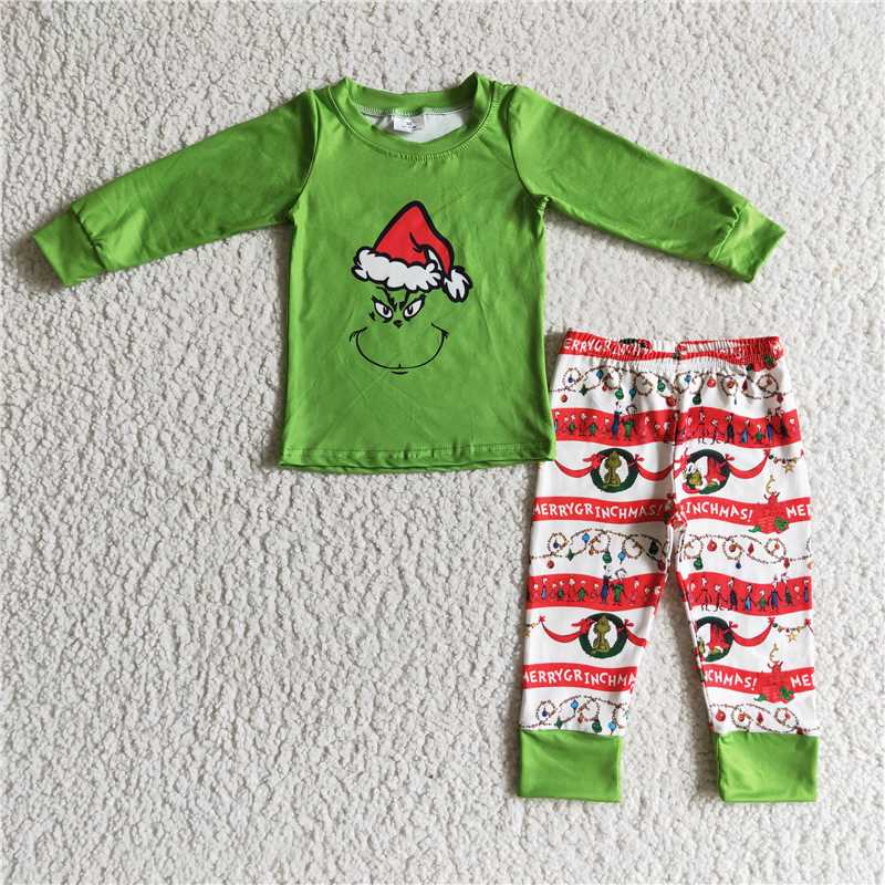 Baby Girls boys Christmas dress up cartoon print green top and red-white long pants Family siblings set