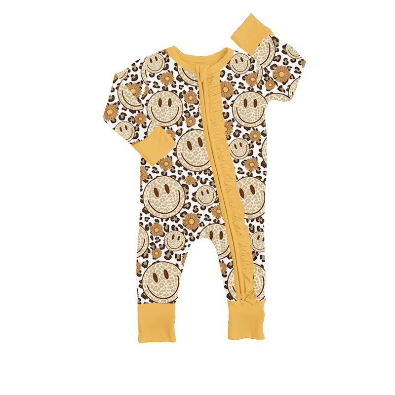 5.7custom each style moq 5eta 4-5week Sibling Sister smiley face prints yellow girls outfits and baby romper match family design