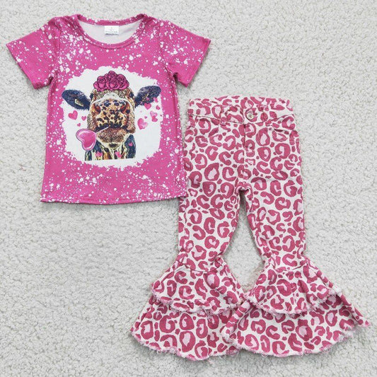 Girls short sleeve long jeans pants cow print