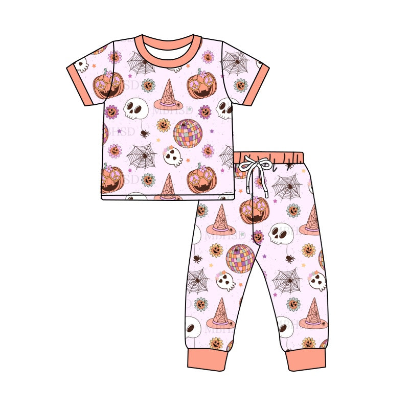 5.3custom each style moq 5eta 4-5week Sibling Sister Halloween pumpkin prints pink girls jumpsuits and boy set and baby romper match family design