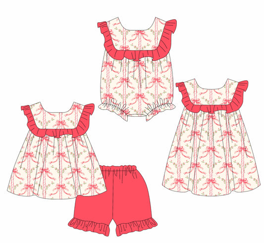 1.24 custom each style moq 5eta 4-6week Sibling Sisters bow baby girl short sleeve shorts sets and dress and rompers match family design