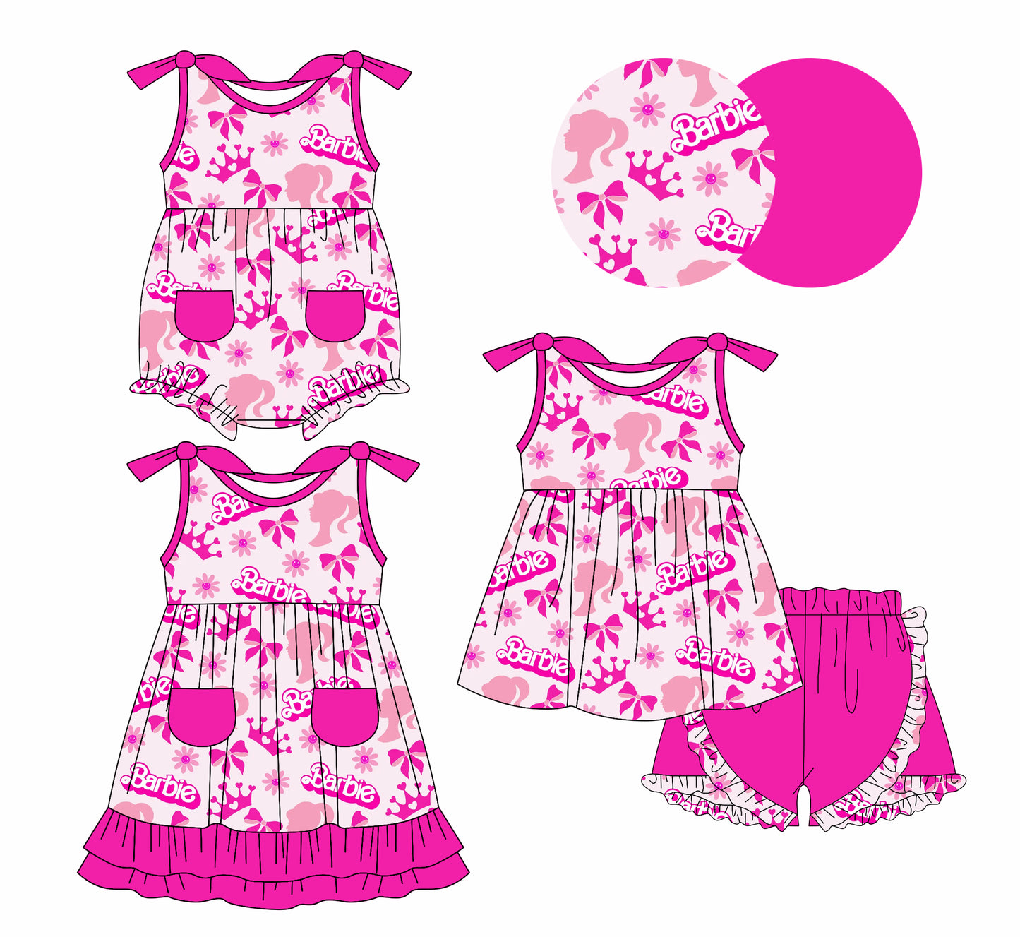 1.7 custom each style moq 5eta 4-6week Sibling Sister barbie baby girl short sleeve shorts sets and dress and rompers match family design