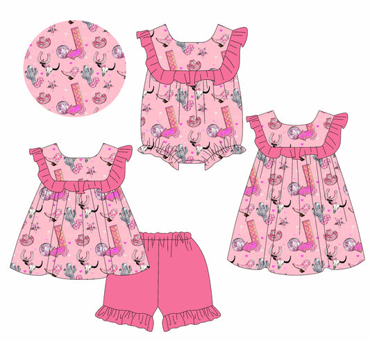 1.17 custom each style moq 5eta 4-6week Sibling Sisters cow head baby girl short sleeve shorts sets and dress and rompers match family design