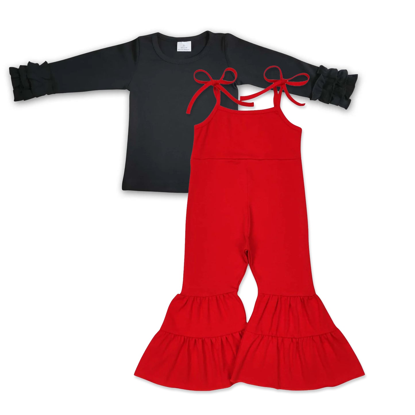 SR0450 Red suspender jumpsuit with black top