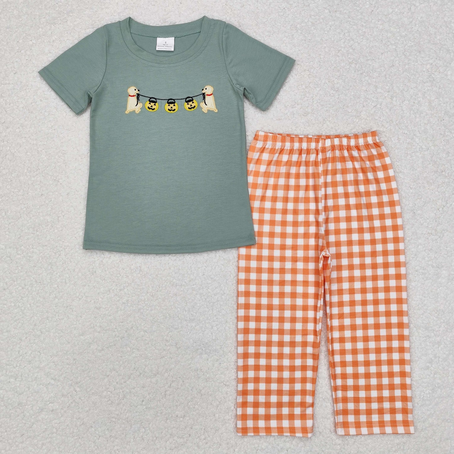 RTS NO MOQ ETA 5/7days BSPO0405 Embroidery Halloween Jack-O'-Lantern Puppy Teal Short Sleeve Orange Plaid Trousers Set