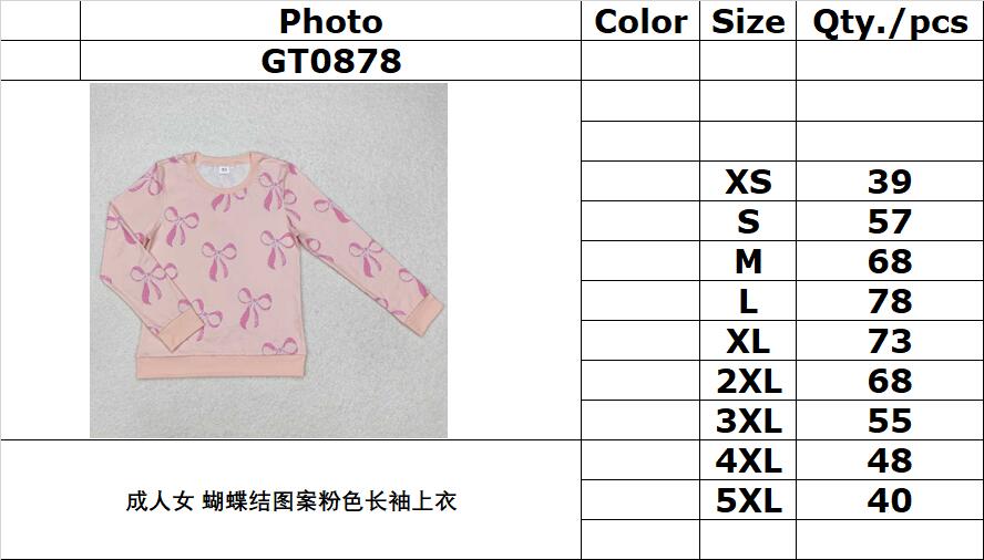 RTS NO MOQ ETA 5/7days arrived GT0878 Adult female pink long-sleeved top with bow pattern