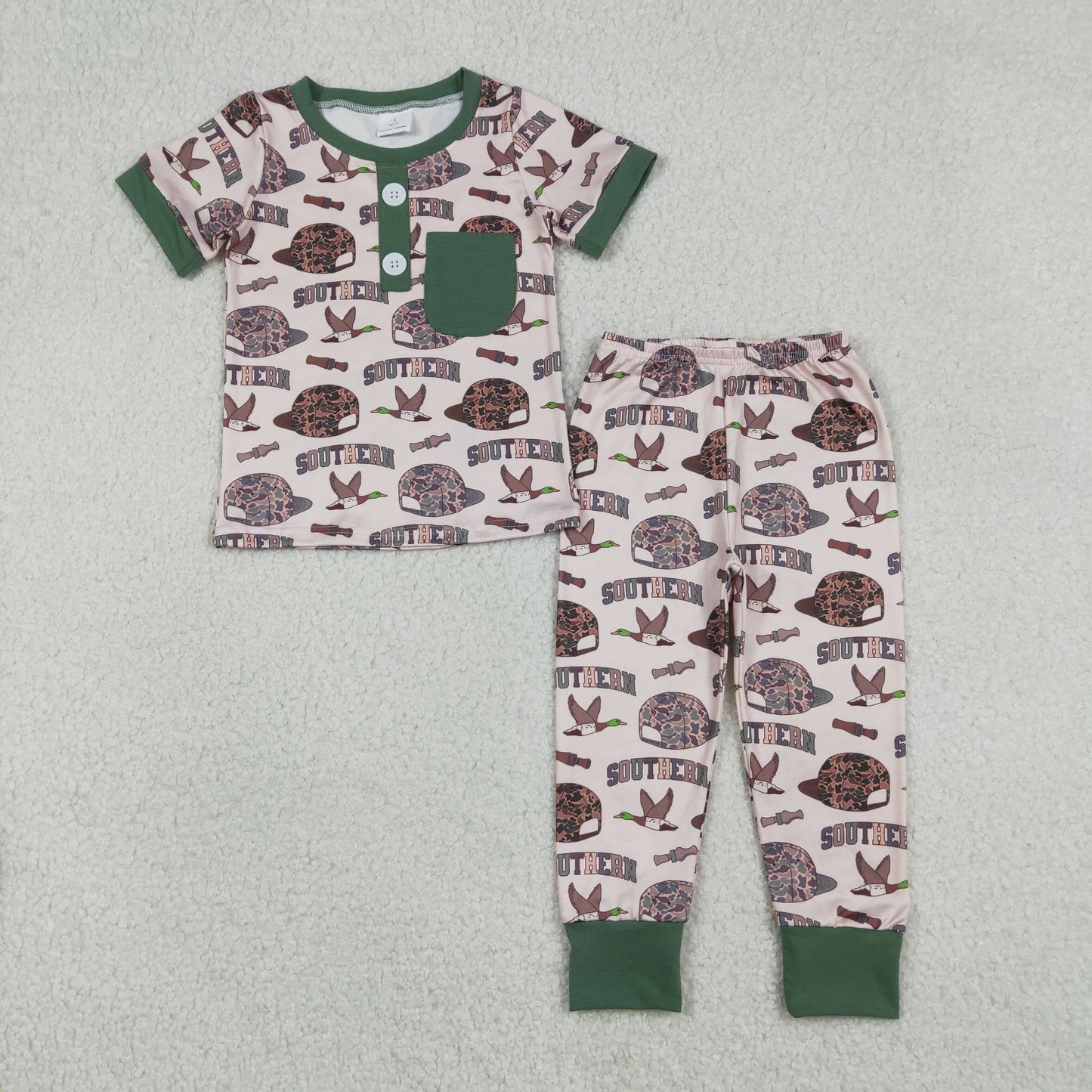RTS NO MOQ（In Stock) Southern camouflage hat duck green pocket short-sleeved trousers pajama set