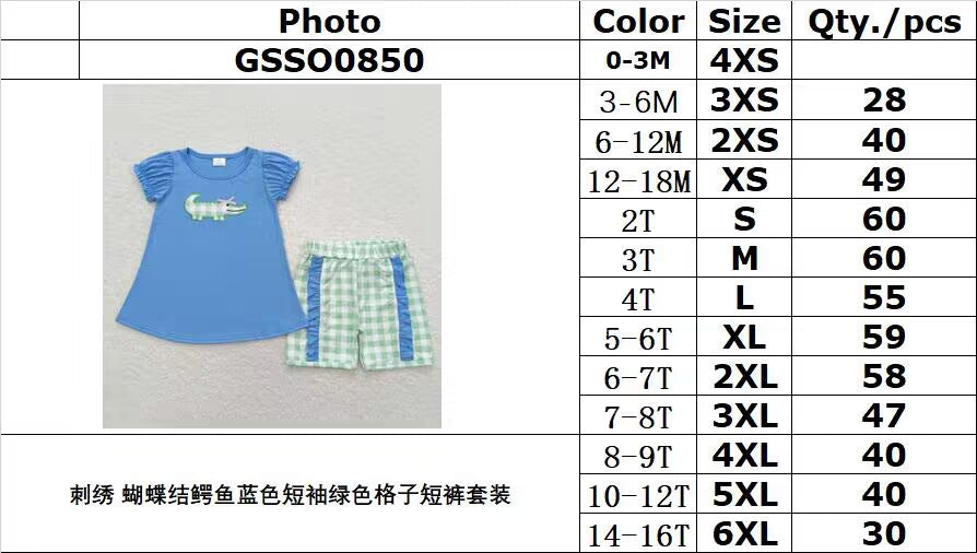 GSSO0850 Embroidered bow crocodile blue short-sleeved green plaid shorts suit