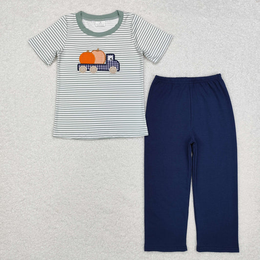 RTS no moq BSPO0473 Embroidered Pumpkin Truck Stripe Short Sleeve Navy Blue Trousers Set