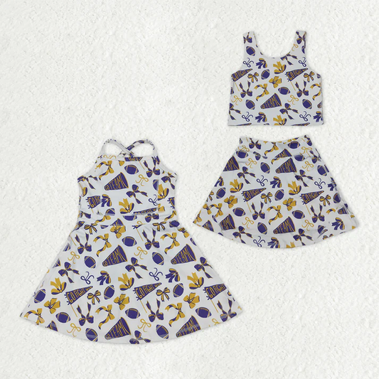 RTS NO MOQ Sibling baby girl clothes team cheer skirt yoga sets and dress