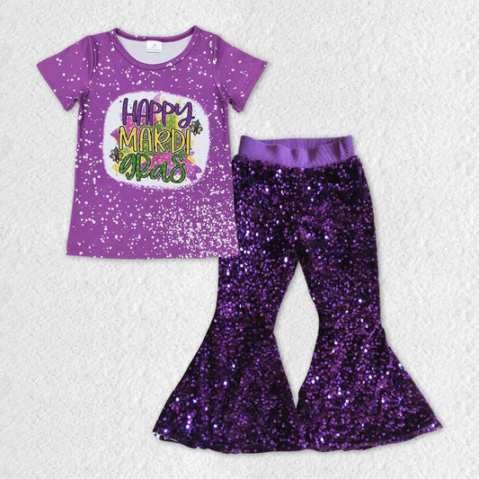 GT0374 happy mardi gras letter purple short sleeve top+P0032 Purple sequin trousers