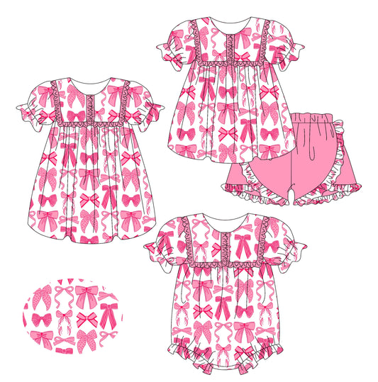 2.14 custom each style moq 5eta 4-6week Sibling Sisters bow baby girl short sleeve shorts sets and dress and rompers match family design