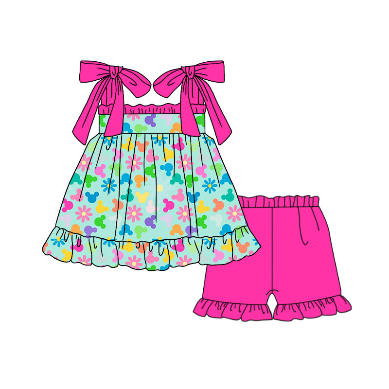 4.27custom moq 5 eta 4-5weeks cartoon avatar prints green with purple pink suspender skirt and purple pink shorts