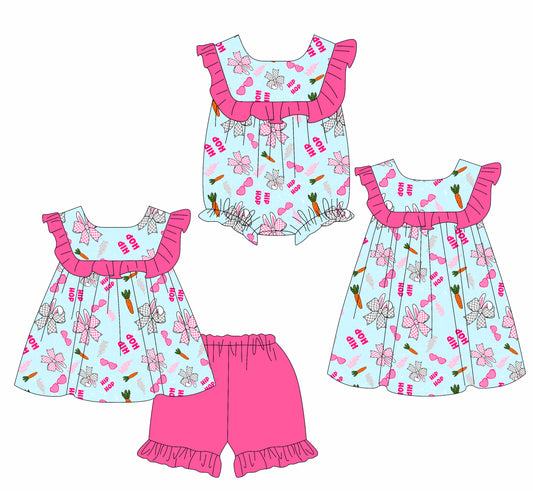 26.1.8 custom each style moq 5 eta 6-8week Sibling Sister bunny bow baby short sleeve shorts sets and romper and dress match design