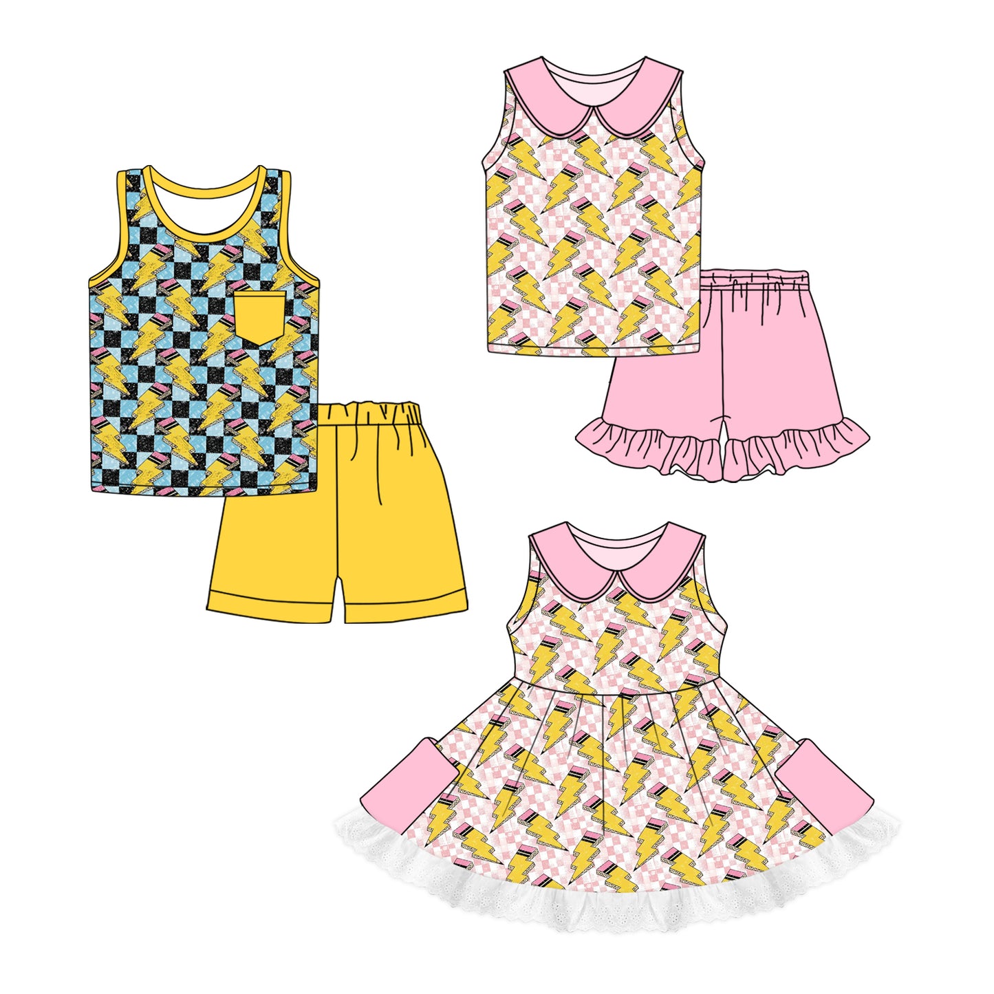 1.2 custom each style moq 5eta 4-6week Sibling Sistes baby girl short sleeve shorts sets 1 and sets 2 and dress match family design