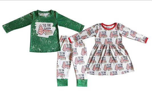 Baby Girls boys TIS THE SEASON prints green long sleeves with long pants and white dress