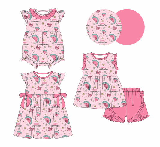 1.6 custom each style moq 5eta 4-6week Sibling Sister watermelon floral bow baby girl short sleeve shorts sets and dress and rompers match family design