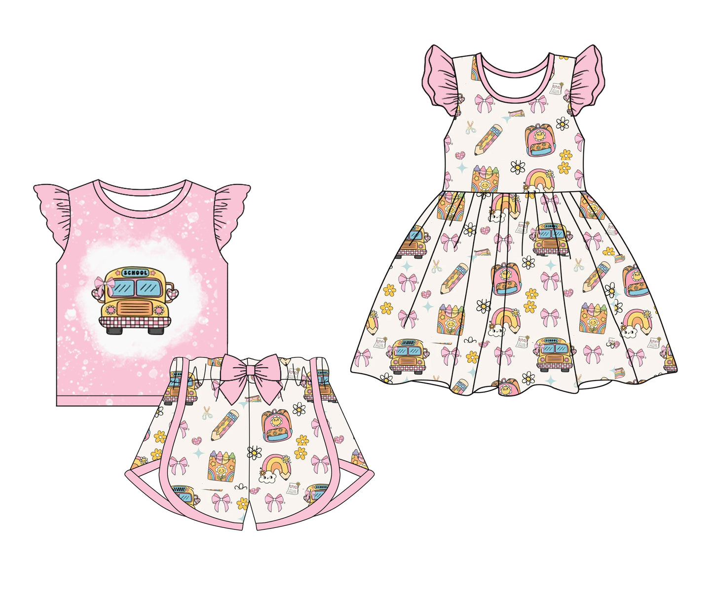 12.28 custom each style moq 5eta 4-6week Sibling Sister bus baby girl short sleeve shorts sets and dresses match design