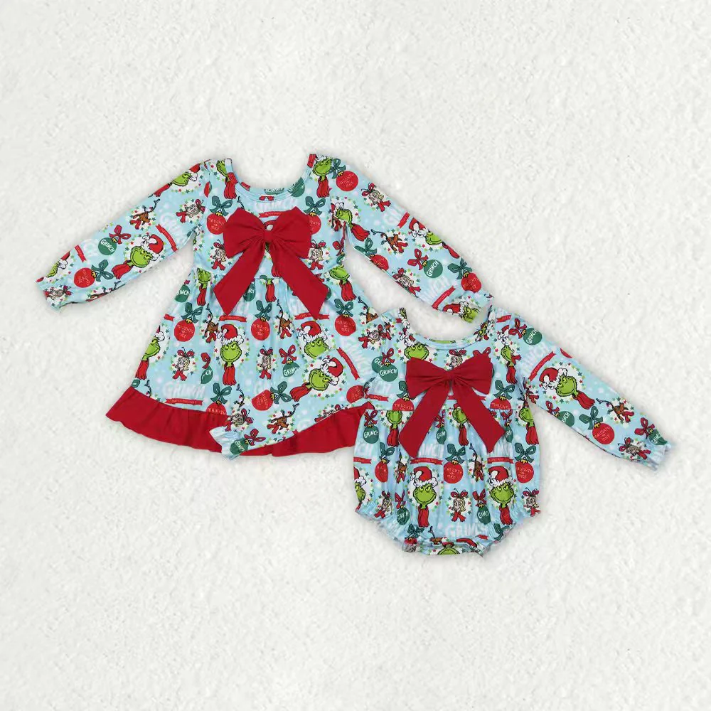 RTS Sibling baby girls clothes Christmas cartoon long Sleeve dress and rompers