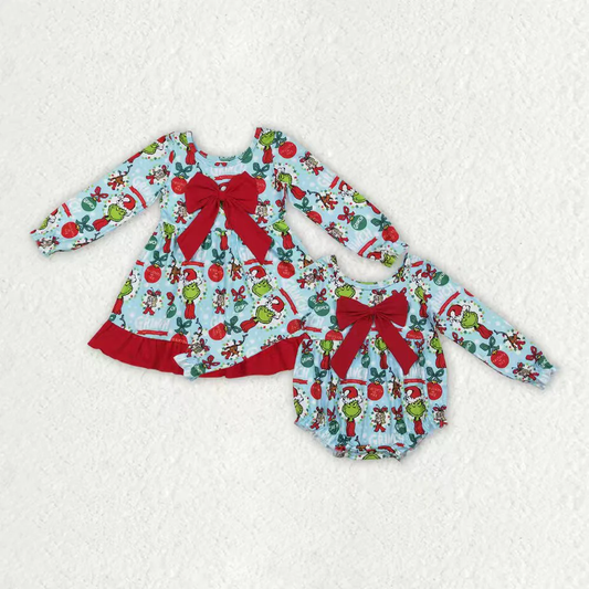 RTS Sibling baby girls clothes Christmas cartoon long Sleeve dress and rompers