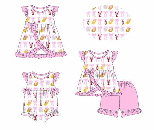 1.13 custom each style moq 5eta 4-6week Sibling Sisters bow crayfish potatoes baby girl short sleeve shorts sets and dress and rompers match family design