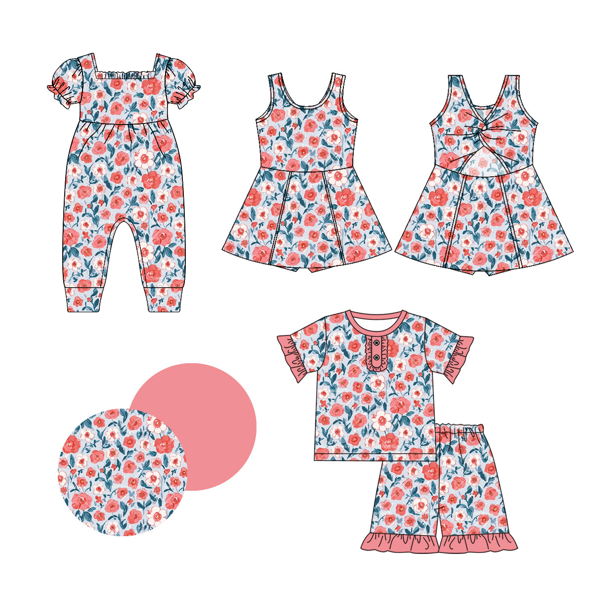 1.3 custom each style moq 5eta 4-6week Sibling Sistes floral baby girl short sleeve shorts sets and dress and rompers match family design