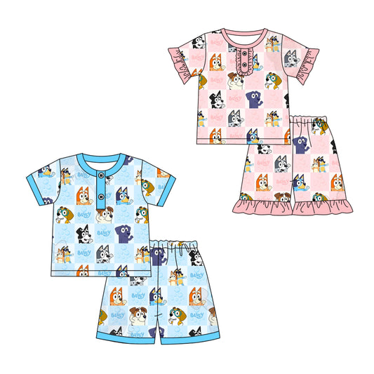 2.7 custom each style moq 5eta 4-6week Sibling Sister cartoon dog baby girls short sleeve shorts sets and set 2 match design