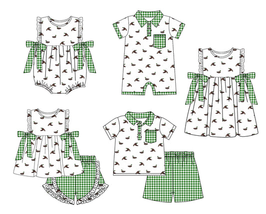 11.14 custom each style moq 5eta 4-6week Sibling Sister duck baby girl short sleeve shorts sets and sets 2 and girls romper and boy romper and dress match design