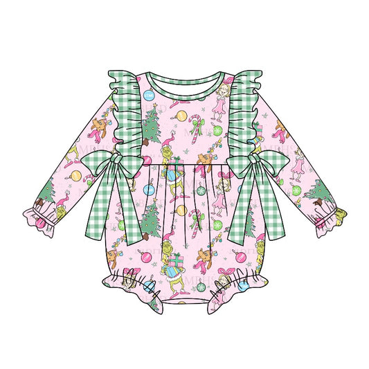 5.3custom each style moq 5eta 4-5week Sibling Sister Christmas cartoon character prints green girls dress and girls set and baby romper match family design