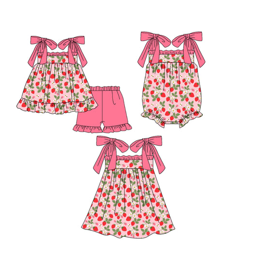 25.12.25 custom each style moq 5 eta 6-8week Sibling Sister strawberry floral baby short sleeve shorts sets and romper and dress match design